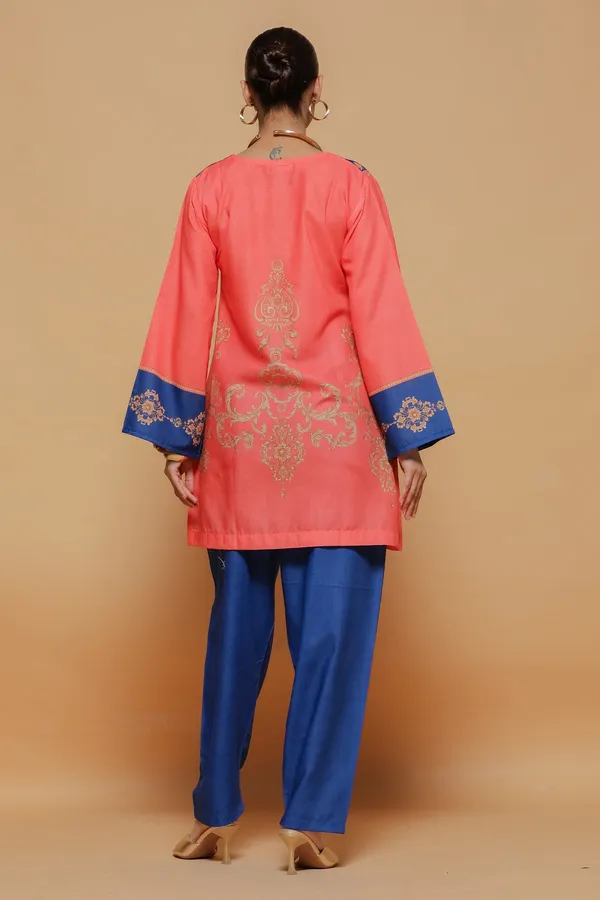Coral_And_Blue_Printed_Kurta_Set_With_Embroidered_Details_For_Women