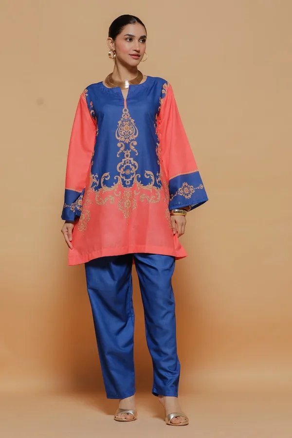 Coral_And_Blue_Printed_Kurta_Set_With_Embroidered_Details_For_Women