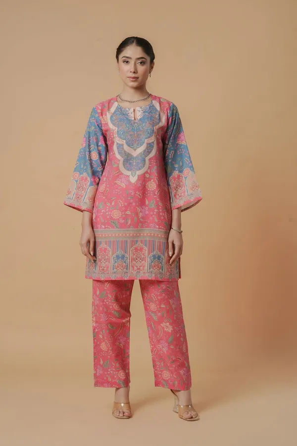 Pink_And_Blue_Floral_Printed_Kurta_Pyjama_Set_For_Women
