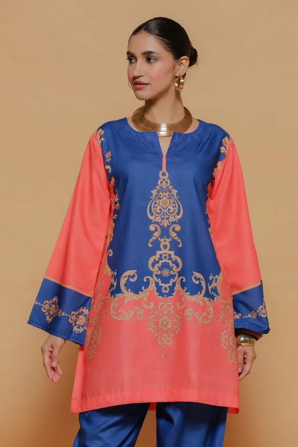 Coral_And_Blue_Printed_Kurta_Set_With_Embroidered_Details_For_Women