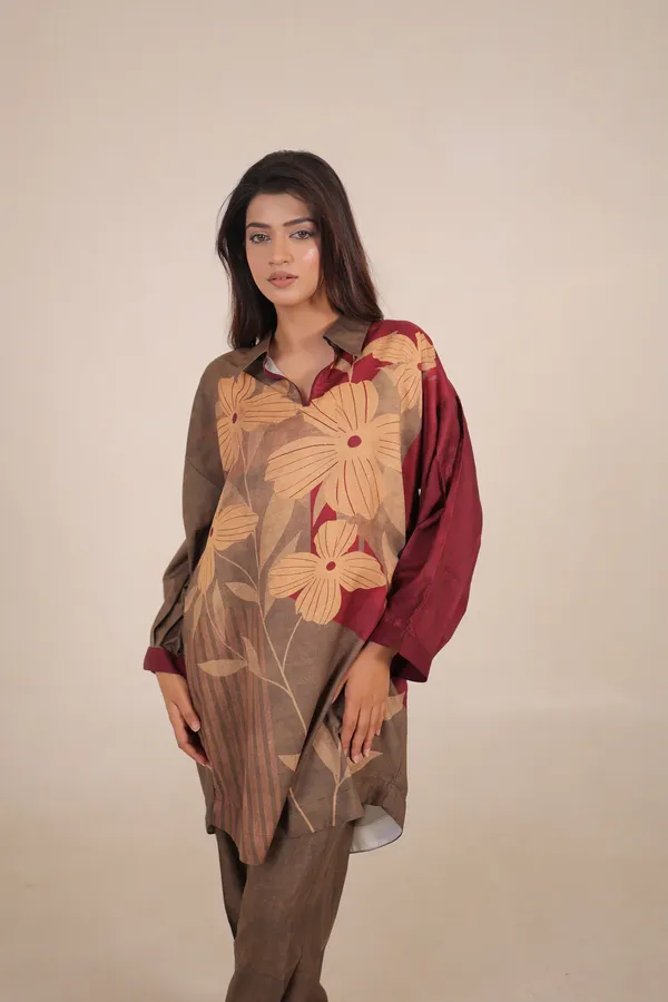 Brown_Floral_Print_Collared_Shirt_And_Trouser_Set_For_Women
