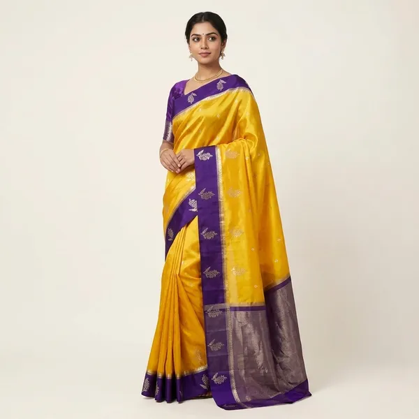Yellow_Banarasi_Semi_Katan_Silk_Saree_For_Women