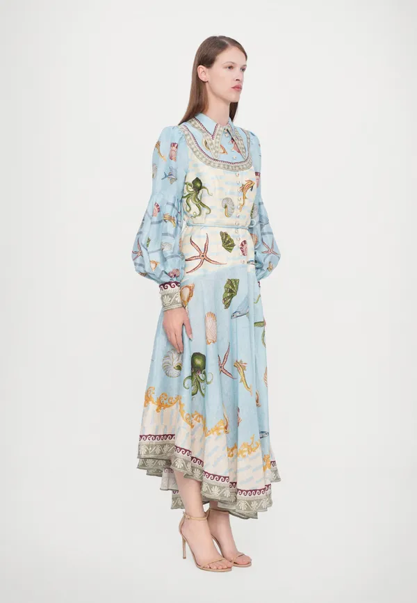 Blue_And_Off_White_Cotton_Printed_Embroidered_Collar_Maxi_Dress_For_Women