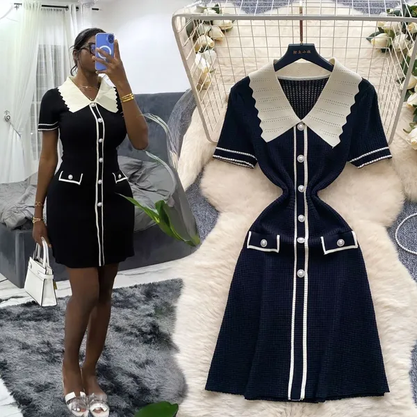 Black_Knit_Contrast_Trim_Collared_Mini_Dress_For_Women