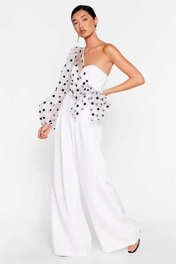 White_Blend_Polka_Dot_One_Shoulder_Wide_Leg_Jumpsuit_For_Women