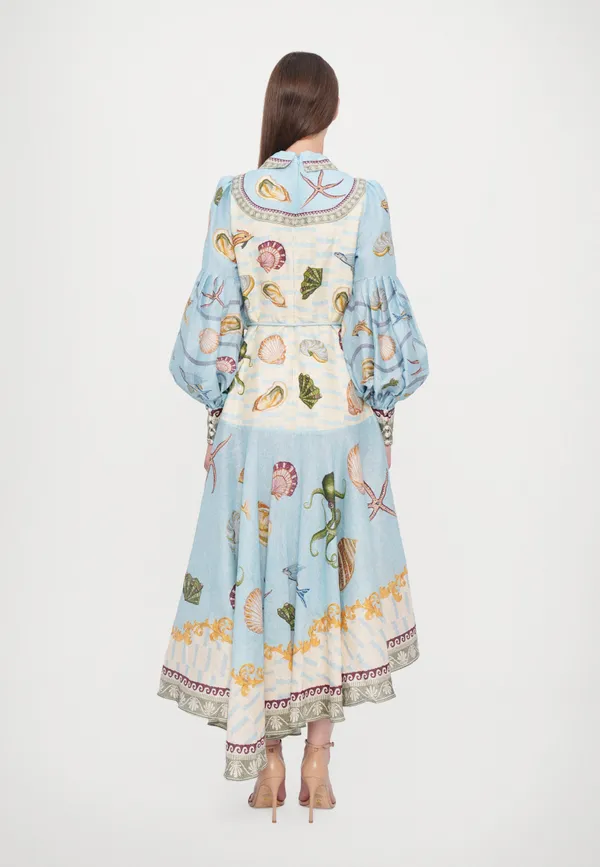 Blue_And_Off_White_Cotton_Printed_Embroidered_Collar_Maxi_Dress_For_Women