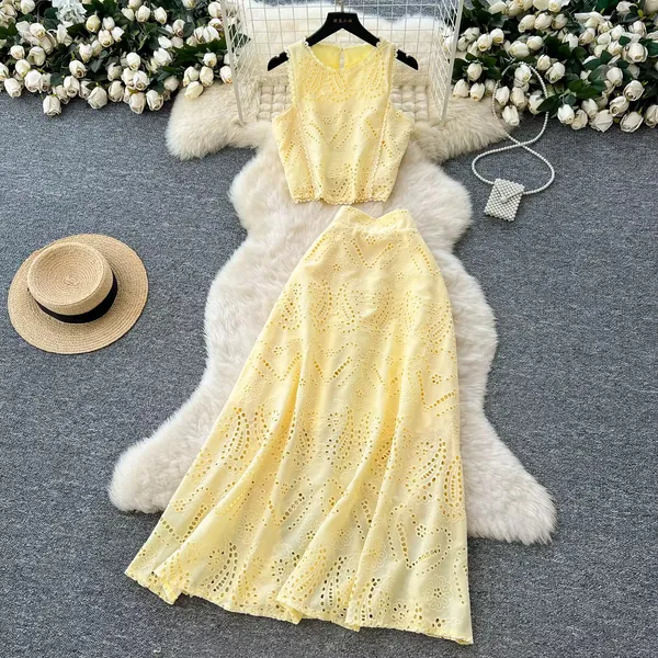 Yellow_Chikankari_Eyelet_Embroidered_Crop_Top_Skirt_Set_For_Women