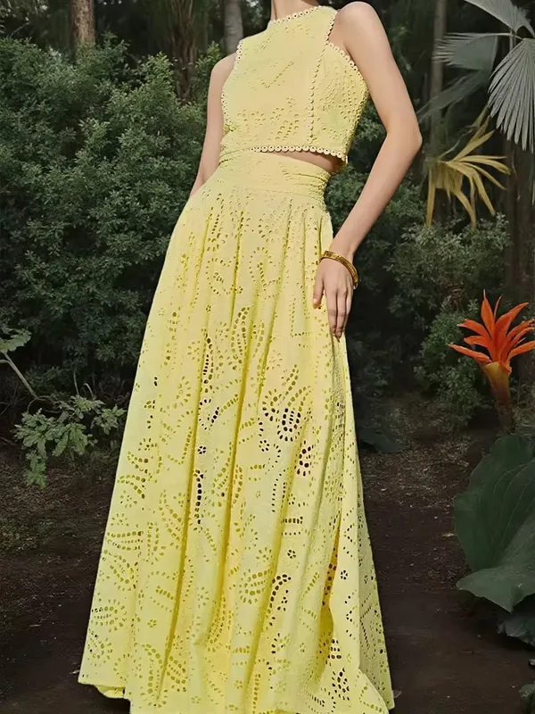 Yellow_Chikankari_Eyelet_Embroidered_Crop_Top_Skirt_Set_For_Women