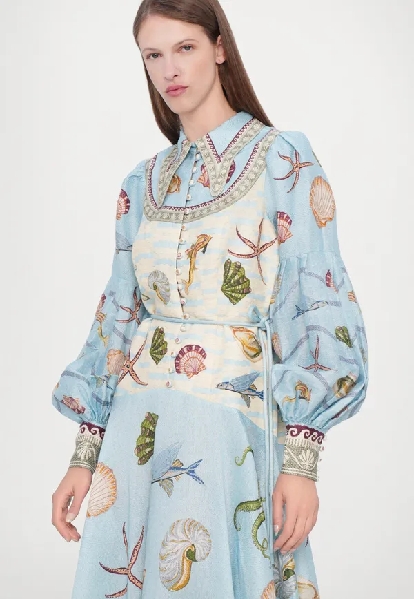 Blue_And_Off_White_Cotton_Printed_Embroidered_Collar_Maxi_Dress_For_Women