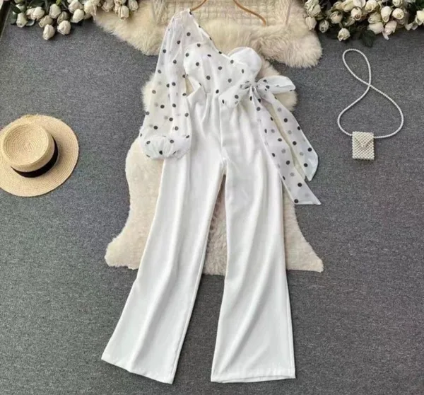 White_Blend_Polka_Dot_One_Shoulder_Wide_Leg_Jumpsuit_For_Women