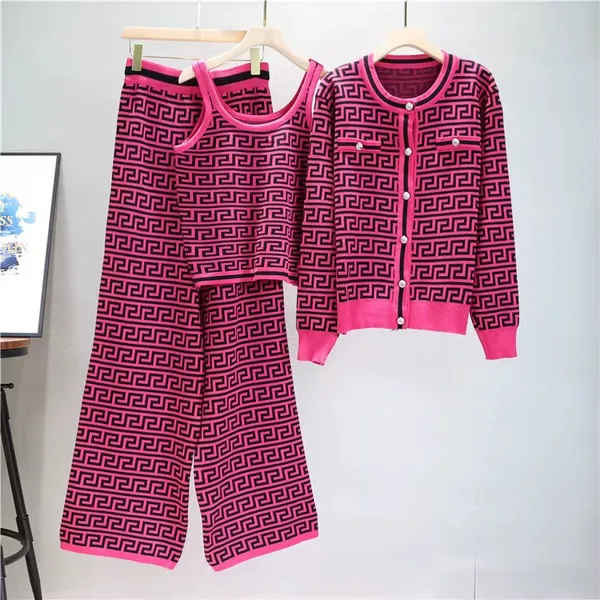 Pink_And_Black_Knit_Geometric_Pattern_Cardigan_Tank_Top_Pants_Set_For_Women