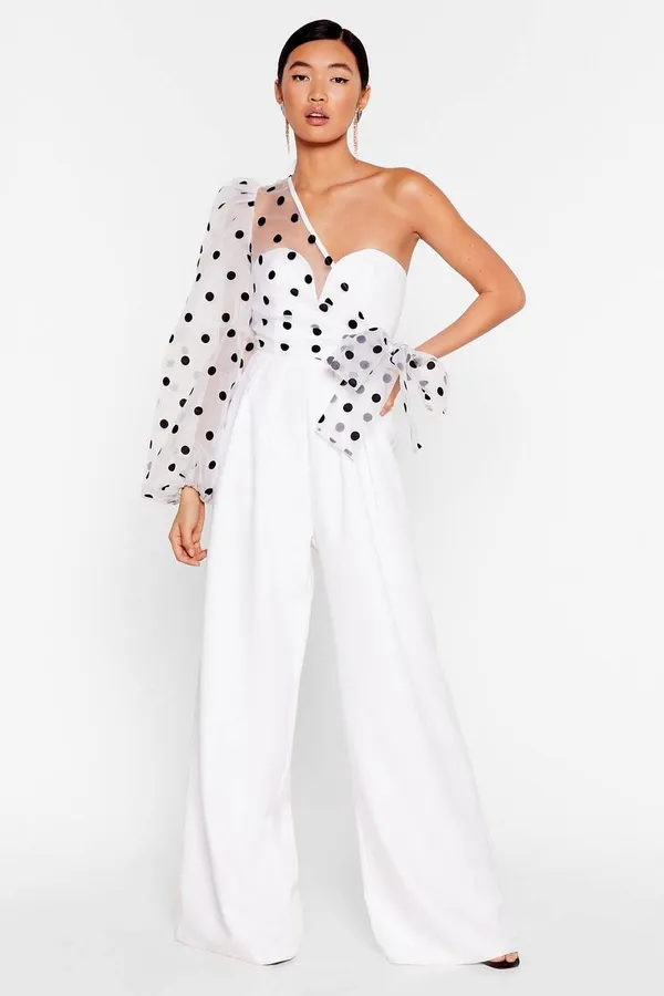 White_Blend_Polka_Dot_One_Shoulder_Wide_Leg_Jumpsuit_For_Women