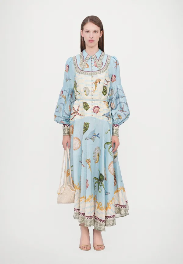 Blue_And_Off_White_Cotton_Printed_Embroidered_Collar_Maxi_Dress_For_Women