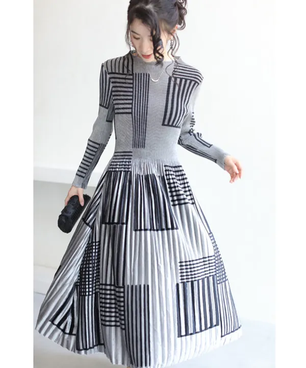 Grey_Korean_Velvet_Striped_Patchwork_Midi_Dress_For_Women