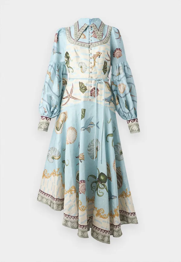 Blue_And_Off_White_Cotton_Printed_Embroidered_Collar_Maxi_Dress_For_Women