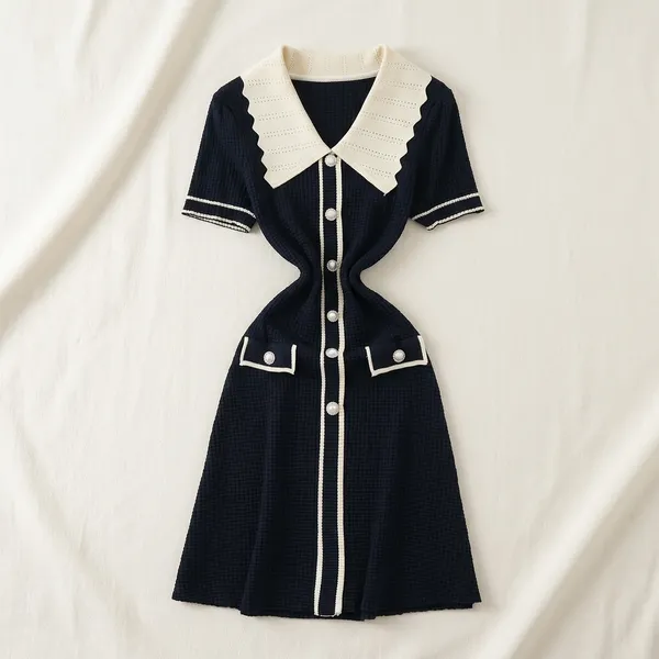 Black_Knit_Contrast_Trim_Collared_Mini_Dress_For_Women