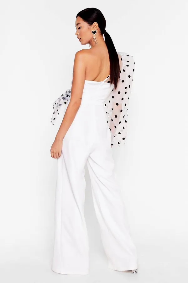 White_Blend_Polka_Dot_One_Shoulder_Wide_Leg_Jumpsuit_For_Women