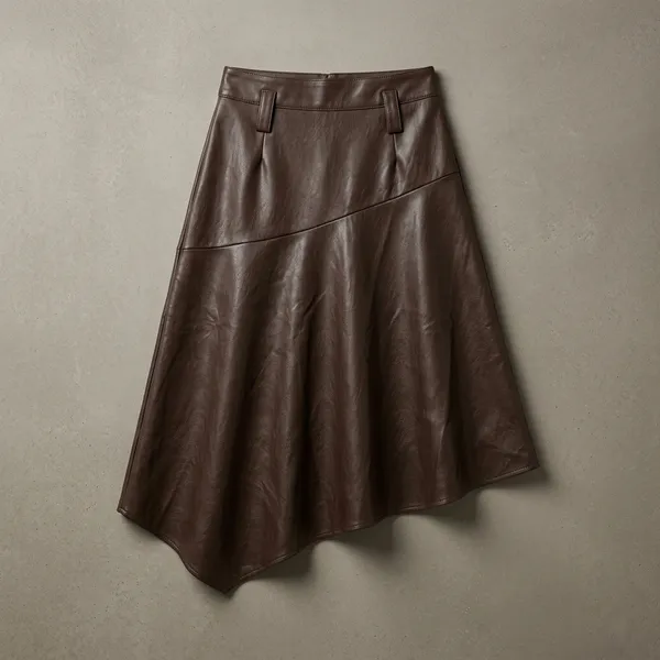 Dark_Brown_Faux_Leather_Asymmetric_Midi_Skirt_For_Women