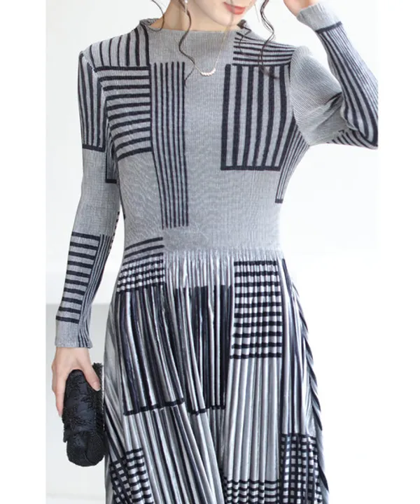 Grey_Korean_Velvet_Striped_Patchwork_Midi_Dress_For_Women