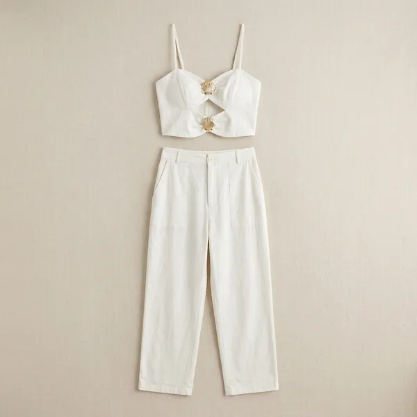 White_Cotton_Linen_Crop_Top_And_High_Waist_Pants_Set_For_Women