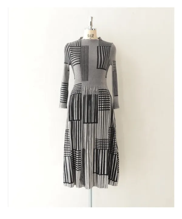 Grey_Korean_Velvet_Striped_Patchwork_Midi_Dress_For_Women