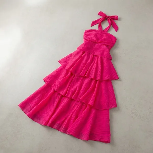 Pink_Tissue_Cotton_Tiered_Ruffle_Halter_Dress_For_Women