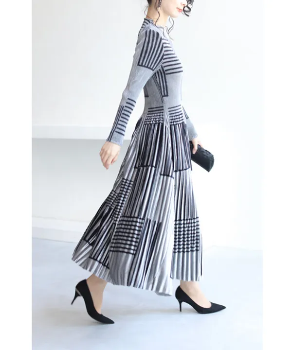 Grey_Korean_Velvet_Striped_Patchwork_Midi_Dress_For_Women