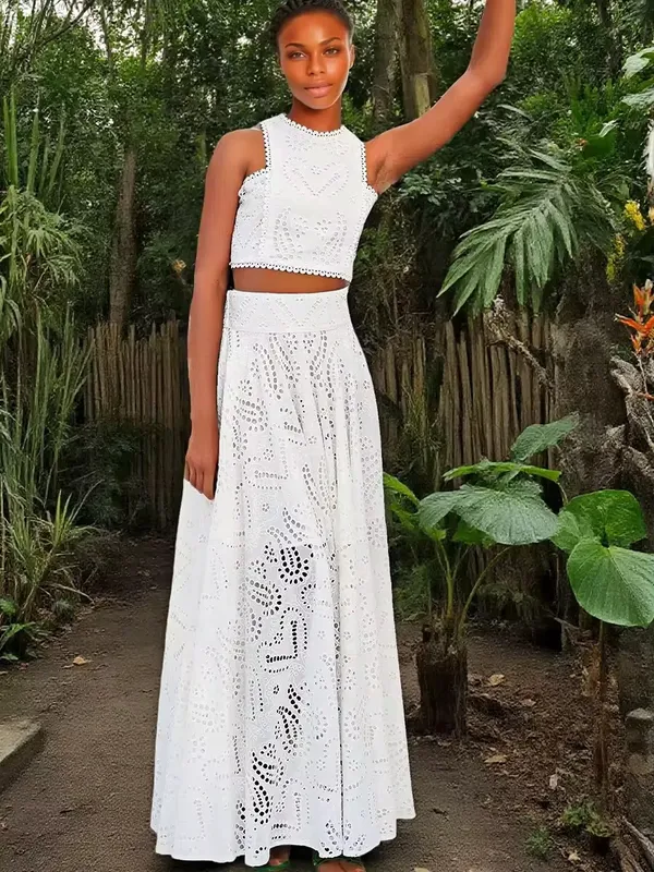 White_Chikankari_Eyelet_Embroidered_Crop_Top_Skirt_Set_For_Women