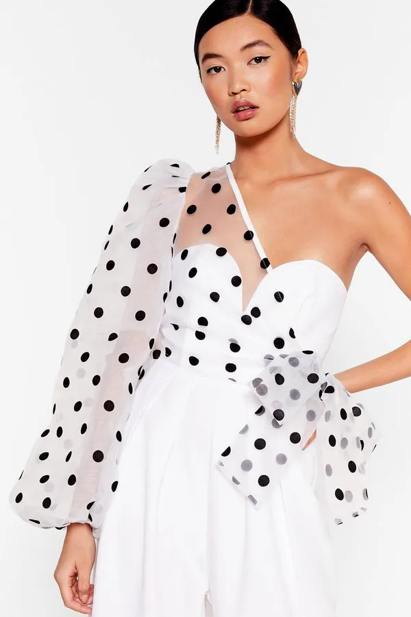 White_Blend_Polka_Dot_One_Shoulder_Wide_Leg_Jumpsuit_For_Women