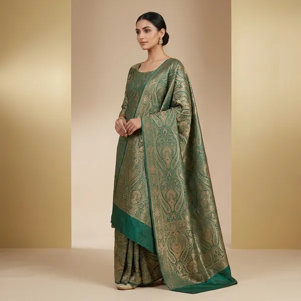 Green_And_Gold_Brocade_Paisley_Unstitched_Dress_Material_For_Women