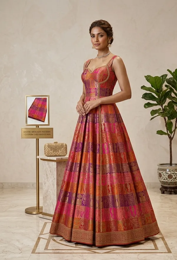 Pink_And_Orange_Brocade_Silk_Flared_Unstitched_Dress_Material_For_Women
