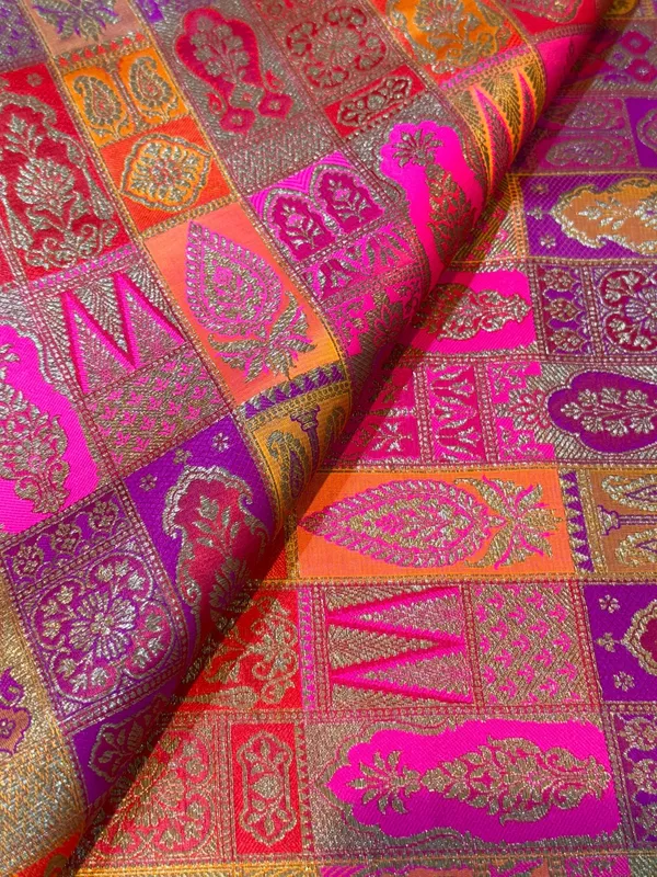 Pink_And_Orange_Brocade_Silk_Flared_Unstitched_Dress_Material_For_Women