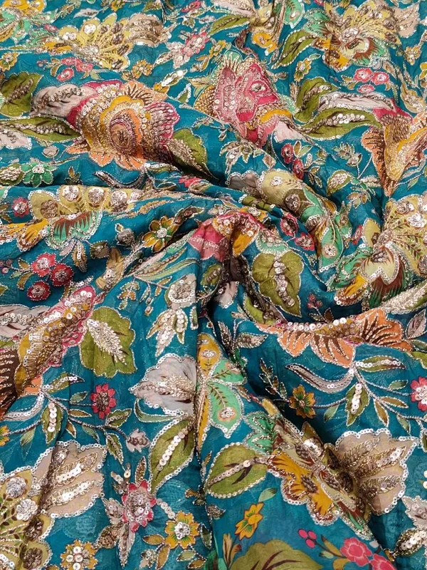 Teal_Organza_Floral_Embroidered_Beaded_Unstitched_Dress_Material_For_Women