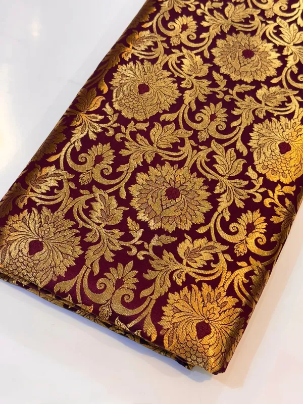 Maroon_Brocade_Gold_Floral_Pattern_Unstitched_Dress_Material_For_Women