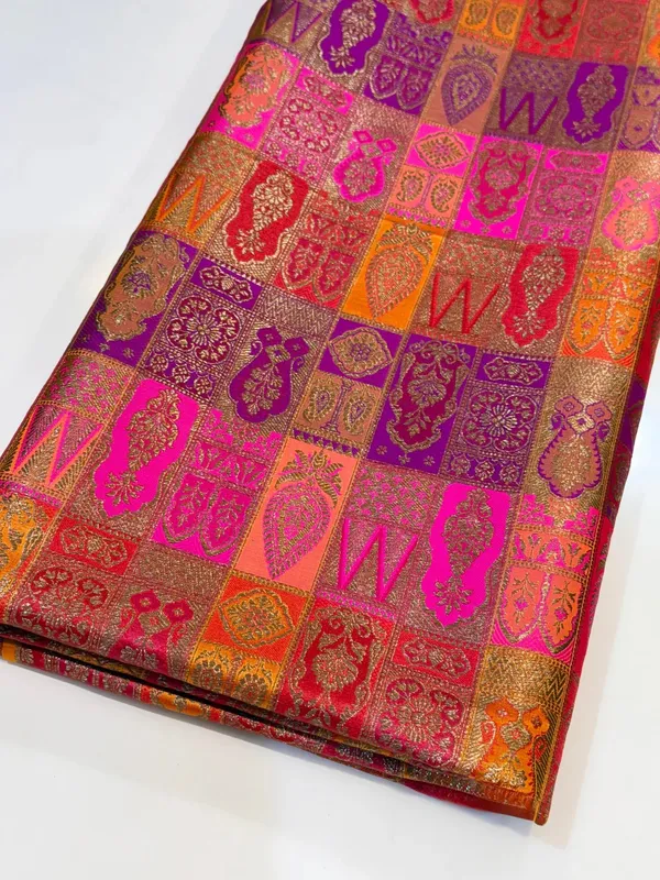 Pink_And_Orange_Brocade_Silk_Flared_Unstitched_Dress_Material_For_Women
