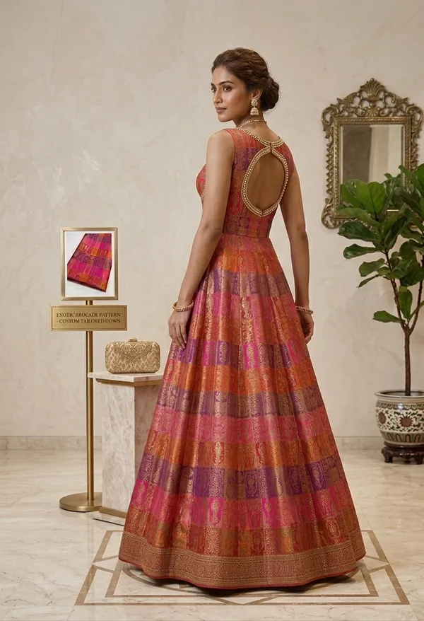 Pink_And_Orange_Brocade_Silk_Flared_Unstitched_Dress_Material_For_Women
