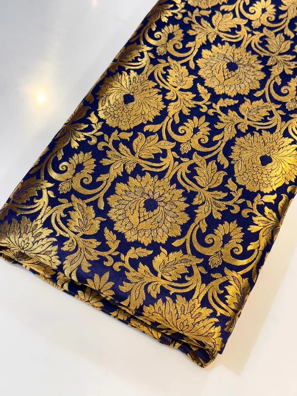 Navy_Blue_Brocade_Golden_Zari_Floral_Banarasi_Unstitched_Dress_Material_For_Women