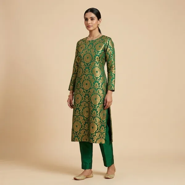 Green_And_Gold_Banarasi_Brocade_Floral_Motif_Unstitched_Dress_Material_For_Women