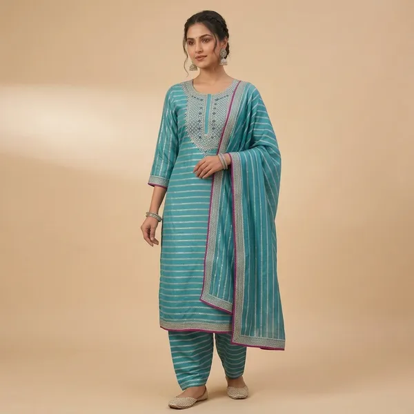 Turquoise_Crepe_Striped_Unstitched_Dress_Material_For_Women