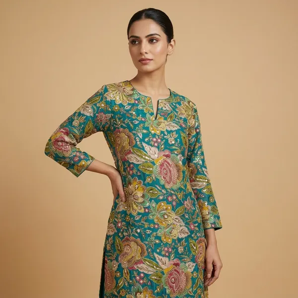 Teal_Organza_Floral_Embroidered_Beaded_Unstitched_Dress_Material_For_Women
