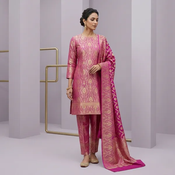 Pink_And_Gold_Brocade_Paisley_Unstitched_Dress_Material_For_Women
