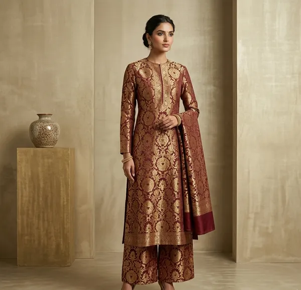 Maroon_Brocade_Gold_Floral_Pattern_Unstitched_Dress_Material_For_Women