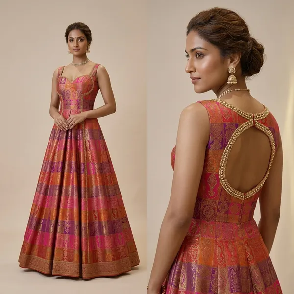 Pink_And_Orange_Brocade_Silk_Flared_Unstitched_Dress_Material_For_Women