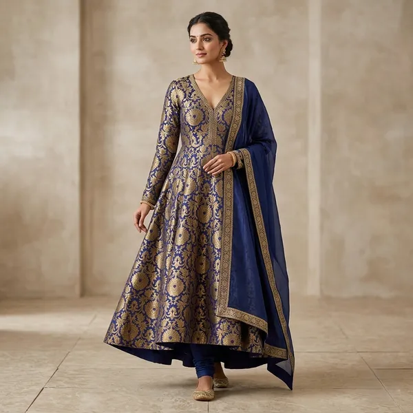 Navy_Blue_Brocade_Golden_Zari_Floral_Banarasi_Unstitched_Dress_Material_For_Women