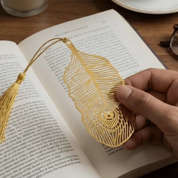 Viraasat_Premium_Brass_Metal_Bookmark_Feather_Design_Gold