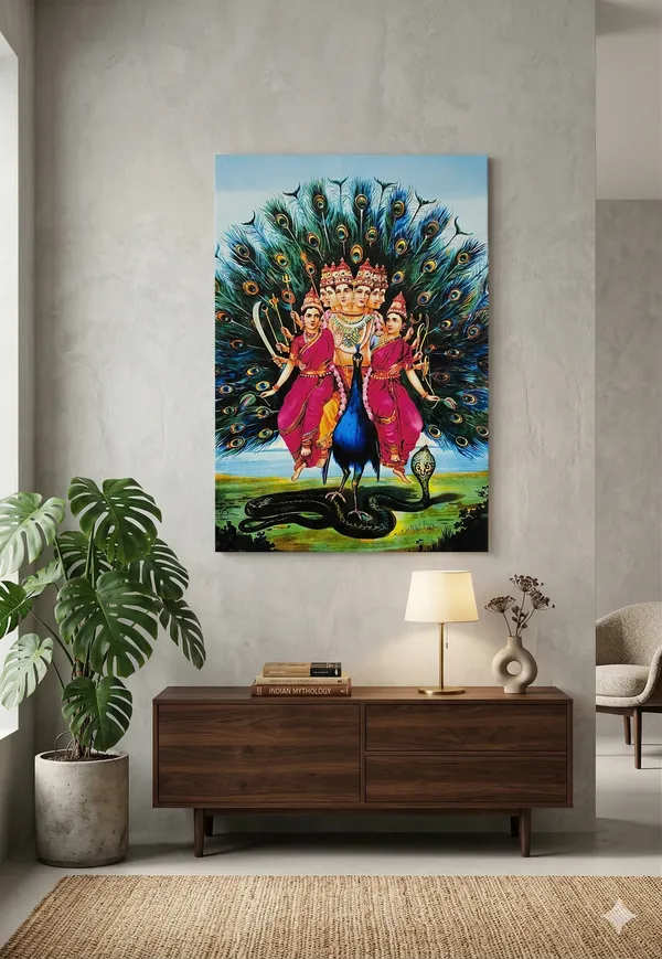 Divine_Shanmukha_with_Valli_&_Devasena_Canvas_Art_-_Premium_Vintage_Indian_Raja_Ravi_Verma_Giclee_Print,_Traditional_Murugan_Wall_Decor