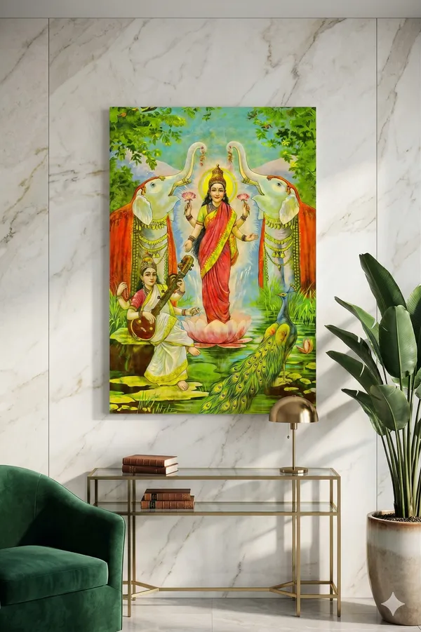 Goddess_Lakshmi_and_Saraswati_Canvas_Art_-_Premium_Vintage_Indian_Lithograph_Giclee_Print,_Spiritual_Gallery_Wrapped_Wall_Decor