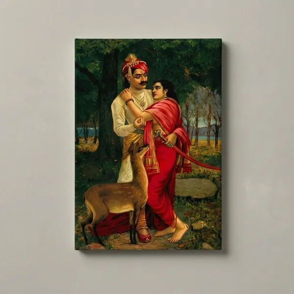 King_Dushyanta_&_Shakuntala_Canvas_Art_-_Premium_Raja_Ravi_Varma_Giclee_Print,_Traditional_Indian_Epic_Romance_Wall_Decor