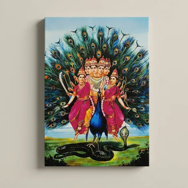 Divine_Shanmukha_with_Valli_&_Devasena_Canvas_Art_-_Premium_Vintage_Indian_Raja_Ravi_Verma_Giclee_Print,_Traditional_Murugan_Wall_Decor