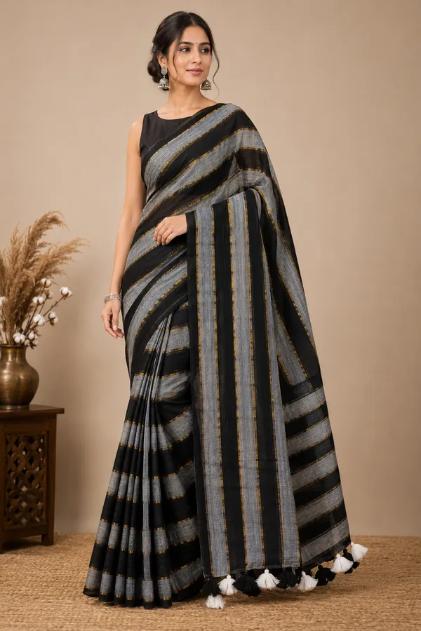 Blackgrey_panel_mul_cotton_saree